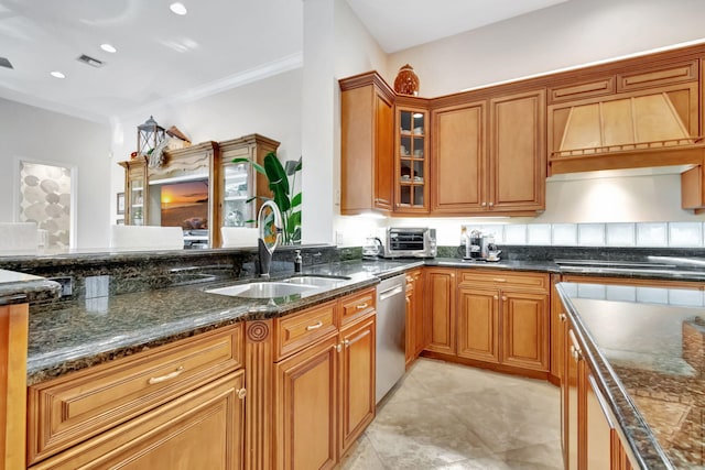 6404 Dorsay Ct, Delray Beach, FL 33484 - kitchen featuring dishwasher, dark stone counters, cooktop, brown cabinetry, and ornamental molding