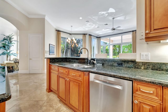 6404 Dorsay Ct, Delray Beach, FL 33484 - kitchen with stainless steel dishwasher, brown cabinets, plenty of natural light, and crown molding