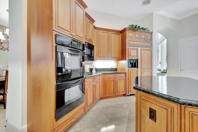 6404 Dorsay Ct, Delray Beach, FL 33484 - kitchen featuring black appliances, dark stone countertops, and arched walkways
