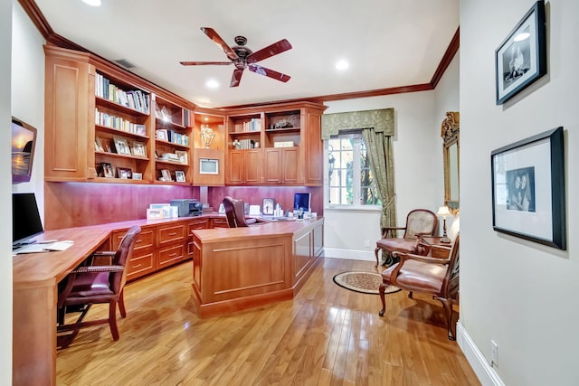6404 Dorsay Ct, Delray Beach, FL 33484 - home office featuring built in study area, a ceiling fan, crown molding, light wood finished floors, and recessed lighting