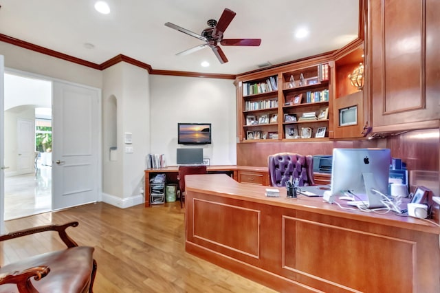 6404 Dorsay Ct, Delray Beach, FL 33484 - office area with arched walkways, a ceiling fan, light wood-style flooring, recessed lighting, and crown molding