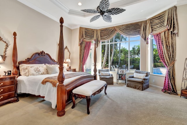 6404 Dorsay Ct, Delray Beach, FL 33484 - bedroom featuring crown molding, carpet floors, multiple windows, a raised ceiling, and ceiling fan