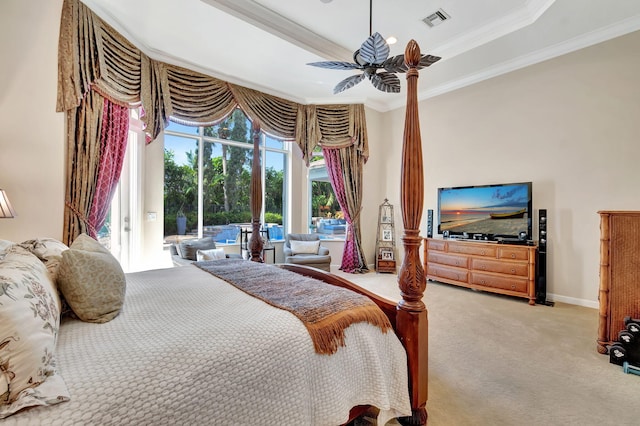 6404 Dorsay Ct, Delray Beach, FL 33484 - bedroom featuring light carpet, access to exterior, crown molding, a tray ceiling, and a ceiling fan