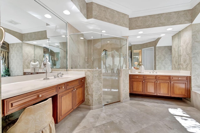 6404 Dorsay Ct, Delray Beach, FL 33484 - bathroom with crown molding, a shower stall, two vanities, and recessed lighting