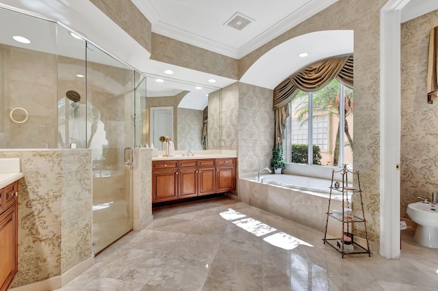 6404 Dorsay Ct, Delray Beach, FL 33484 - full bath with vanity, a bidet, ornamental molding, a shower stall, and a bath