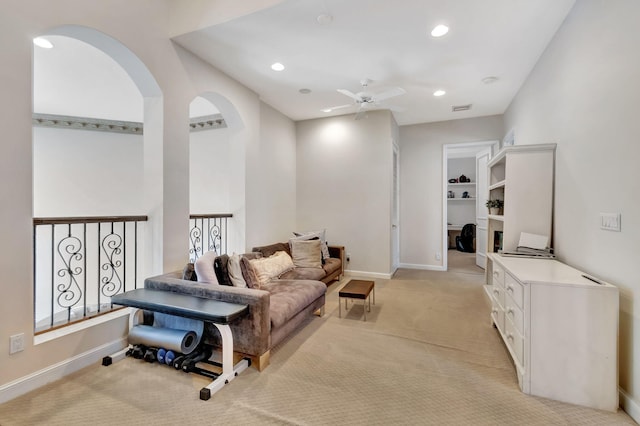 6404 Dorsay Ct, Delray Beach, FL 33484 - living area featuring light carpet, a ceiling fan, recessed lighting, and arched walkways