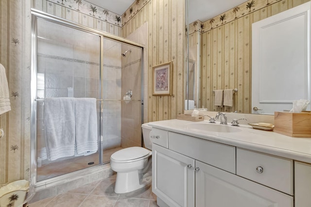 6404 Dorsay Ct, Delray Beach, FL 33484 - bathroom with vanity, a stall shower, tile patterned flooring, and wallpapered walls