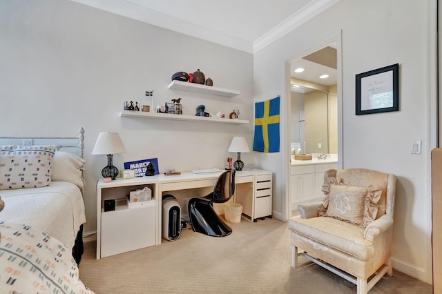 6404 Dorsay Ct, Delray Beach, FL 33484 - bedroom with ornamental molding, light carpet, ensuite bathroom, and an office area