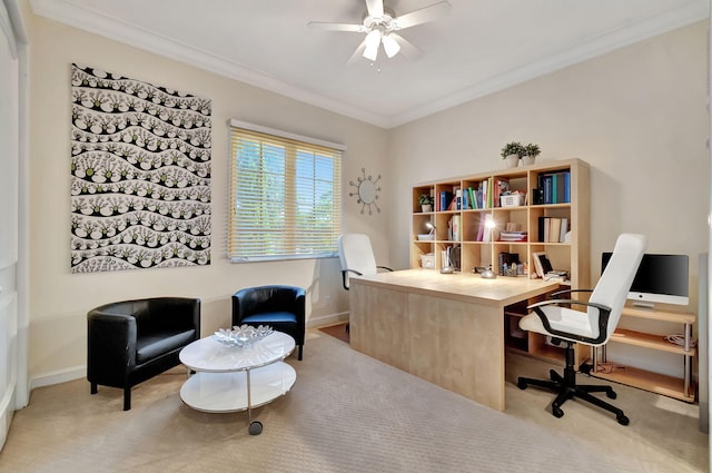 6404 Dorsay Ct, Delray Beach, FL 33484 - office area featuring ornamental molding, a ceiling fan, and light carpet