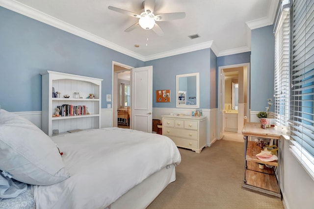 6404 Dorsay Ct, Delray Beach, FL 33484 - bedroom with multiple windows, crown molding, light colored carpet, and ceiling fan