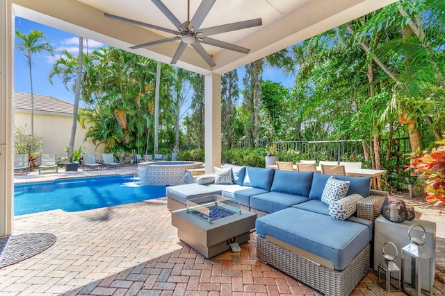 6404 Dorsay Ct, Delray Beach, FL 33484 - view of swimming pool with an outdoor living space with a fire pit, a patio area, a ceiling fan, a fenced backyard, and a pool with connected hot tub
