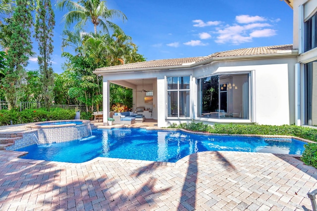 6404 Dorsay Ct, Delray Beach, FL 33484 - view of pool featuring an outdoor living space, a patio area, a ceiling fan, and a pool with connected hot tub