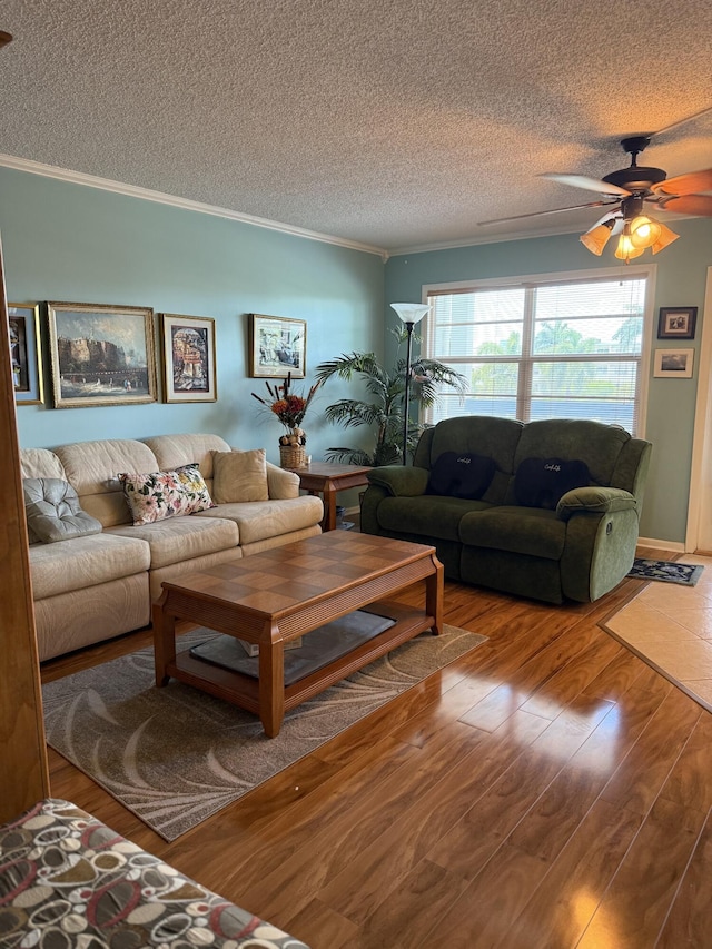 3007 Yarmouth Unit A, Boca Raton, FL 33434 - living room with a textured ceiling, crown molding, wood finished floors, and ceiling fan