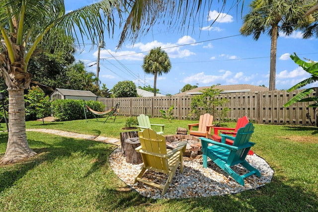 2051 SW Pruitt St, Port Saint Lucie, FL 34953 - fenced backyard with a fire pit and a storage shed