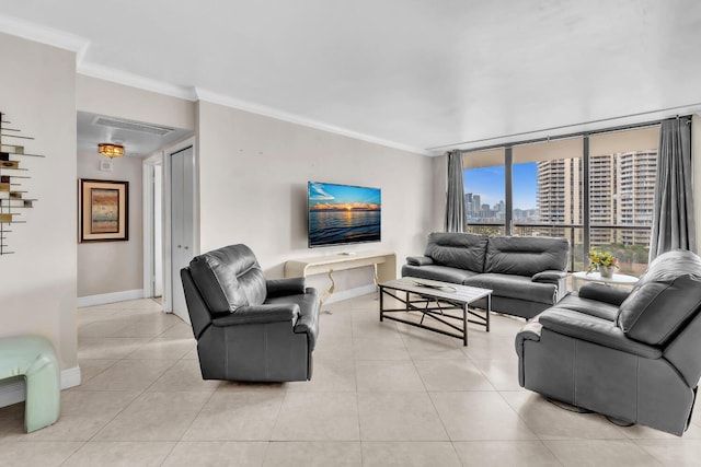 19667 Turnberry Way Unit 10C, Aventura, FL 33180 - living room featuring crown molding, light tile patterned flooring, and floor to ceiling windows