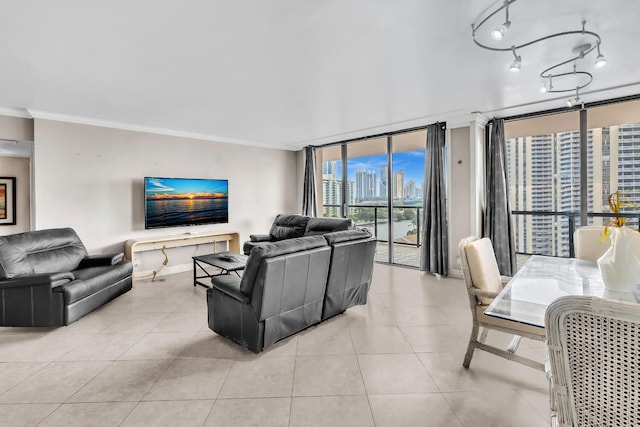 19667 Turnberry Way Unit 10C, Aventura, FL 33180 - living room featuring ornamental molding, floor to ceiling windows, and light tile patterned floors