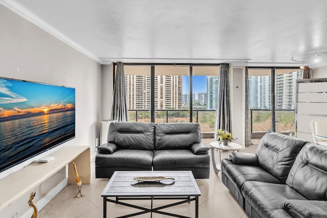19667 Turnberry Way Unit 10C, Aventura, FL 33180 - living area with light tile patterned floors, ornamental molding, a city view, and a wall of windows