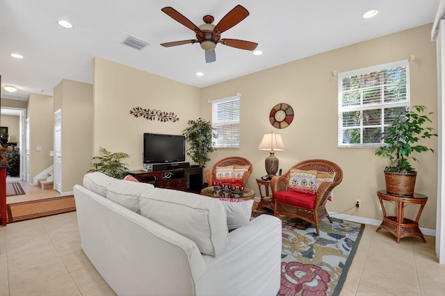 7271 Briella Dr, Boynton Beach, FL 33437 - living area featuring a ceiling fan, light tile patterned floors, and recessed lighting