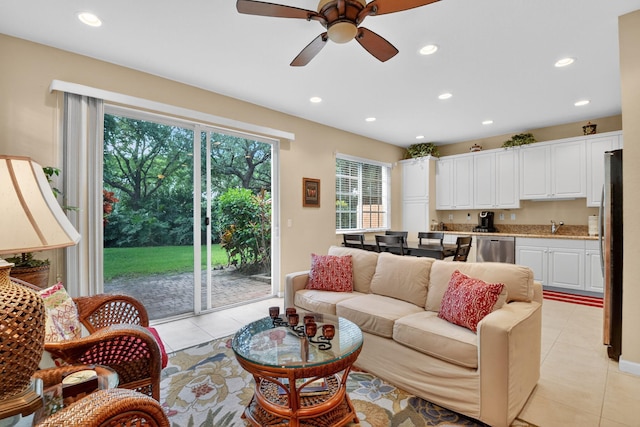 7271 Briella Dr, Boynton Beach, FL 33437 - living area with light tile patterned floors, a ceiling fan, and recessed lighting