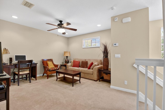 7271 Briella Dr, Boynton Beach, FL 33437 - living area featuring a ceiling fan, light carpet, an office area, and recessed lighting