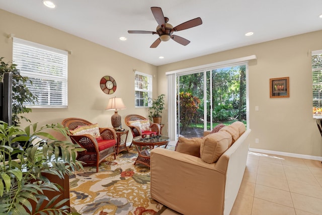 7271 Briella Dr, Boynton Beach, FL 33437 - living area featuring ceiling fan, recessed lighting, and light tile patterned flooring