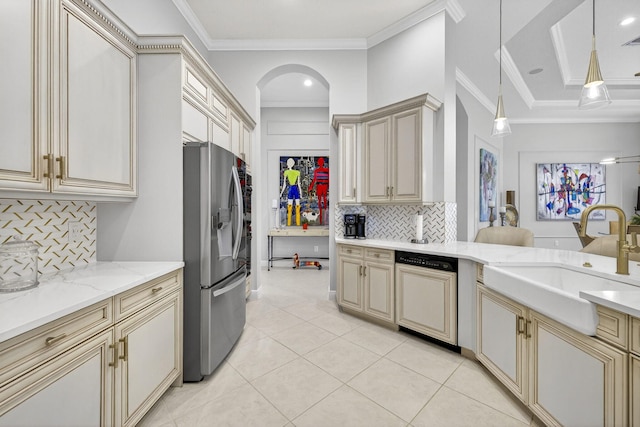 8168 Valhalla Dr, Delray Beach, FL 33446 - kitchen with cream cabinetry, stainless steel refrigerator with ice dispenser, dishwasher, backsplash, and ornamental molding