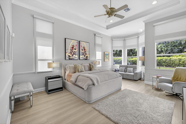 8168 Valhalla Dr, Delray Beach, FL 33446 - bedroom featuring ornamental molding, recessed lighting, light wood-style flooring, a tray ceiling, and a ceiling fan