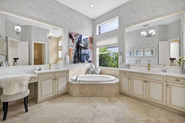 8168 Valhalla Dr, Delray Beach, FL 33446 - bathroom featuring wallpapered walls, vanity, and a bath