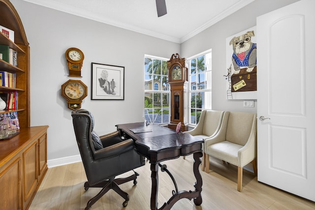 8168 Valhalla Dr, Delray Beach, FL 33446 - office featuring crown molding, light wood-style flooring, and a ceiling fan