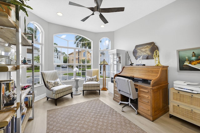 8168 Valhalla Dr, Delray Beach, FL 33446 - office area with plenty of natural light, ceiling fan, light wood finished floors, and recessed lighting