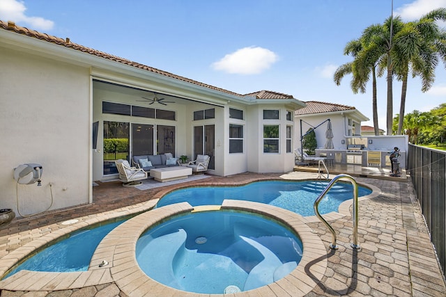 8168 Valhalla Dr, Delray Beach, FL 33446 - view of pool featuring an outdoor living space, a patio, a ceiling fan, a pool with connected hot tub, and area for grilling