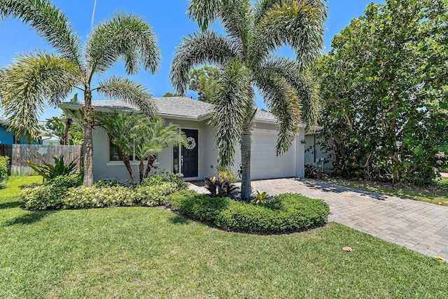 17742 Evangeline Ave, Jupiter, FL 33458 - view of front of home with a garage, stucco siding, and decorative driveway