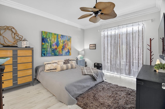 2002 Valencia Dr, Delray Beach, FL 33445 - bedroom with ornamental molding, wood finished floors, and a ceiling fan