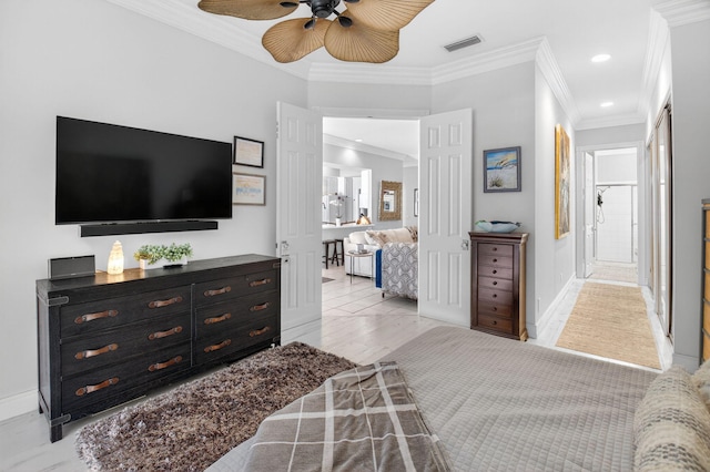 2002 Valencia Dr, Delray Beach, FL 33445 - bedroom featuring crown molding, recessed lighting, a ceiling fan, and connected bathroom