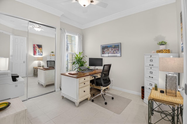 2002 Valencia Dr, Delray Beach, FL 33445 - home office featuring a ceiling fan, ornamental molding, and light tile patterned floors