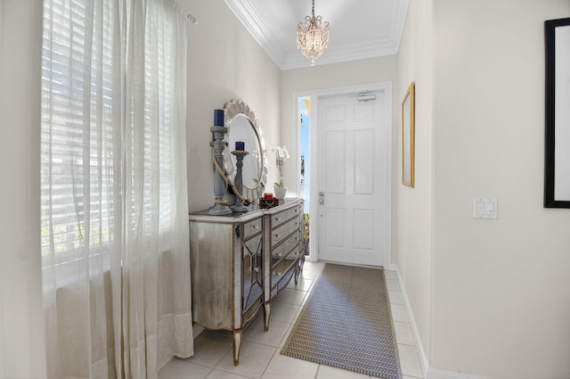 2002 Valencia Dr, Delray Beach, FL 33445 - foyer with crown molding, a chandelier, and light tile patterned floors
