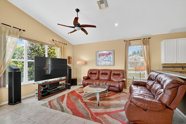 11291 Barca Blvd, Boynton Beach, FL 33437 - living area featuring vaulted ceiling, ceiling fan, light tile patterned floors, and recessed lighting