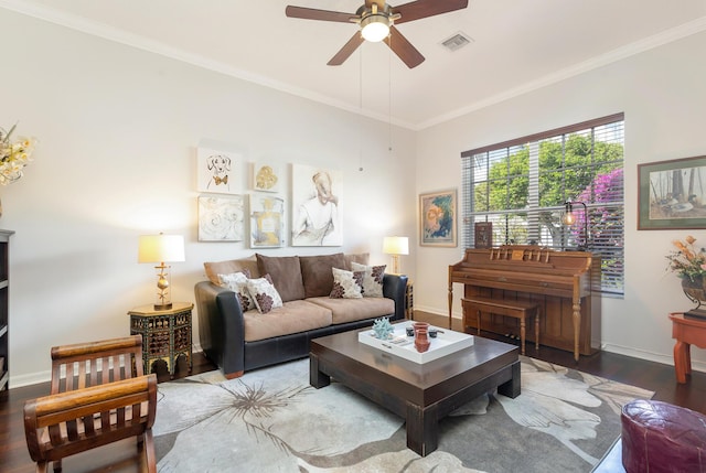 63 Lake Eden Dr, Boynton Beach, FL 33435 - living area featuring a ceiling fan, wood finished floors, and ornamental molding