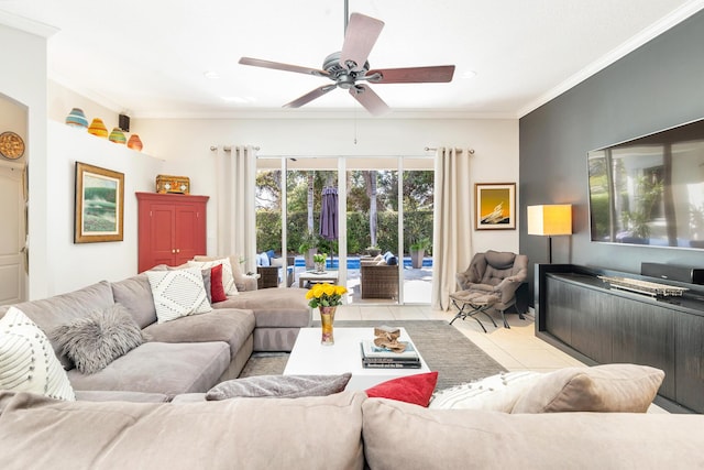 63 Lake Eden Dr, Boynton Beach, FL 33435 - living area featuring ornamental molding, light tile patterned floors, ceiling fan, and recessed lighting