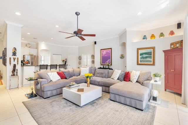 63 Lake Eden Dr, Boynton Beach, FL 33435 - living area with ornamental molding, light tile patterned flooring, arched walkways, a ceiling fan, and recessed lighting