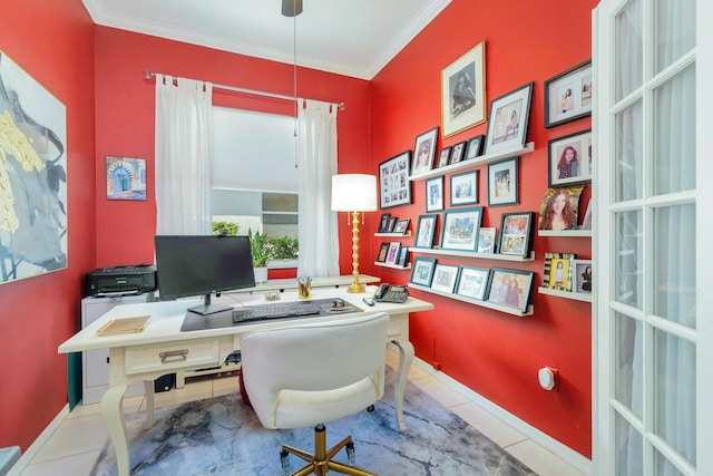 63 Lake Eden Dr, Boynton Beach, FL 33435 - tiled home office featuring crown molding and baseboards
