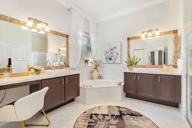 63 Lake Eden Dr, Boynton Beach, FL 33435 - full bath featuring crown molding, two vanities, a bath, and tile patterned floors