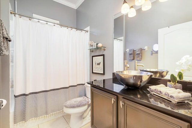63 Lake Eden Dr, Boynton Beach, FL 33435 - bathroom featuring ornamental molding, vanity, tile patterned floors, and a shower with shower curtain