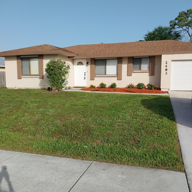 2482 SE Floresta Dr, Port Saint Lucie, FL 34984 - single story home featuring stucco siding, an attached garage, a front lawn, concrete driveway, and a shingled roof