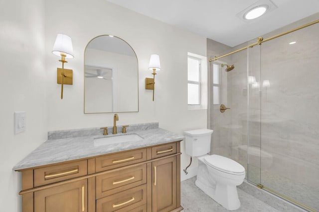 400 Riverside Dr, Palm Beach Gardens, FL 33410 - full bath with vanity, a stall shower, tile patterned floors, and ceiling fan