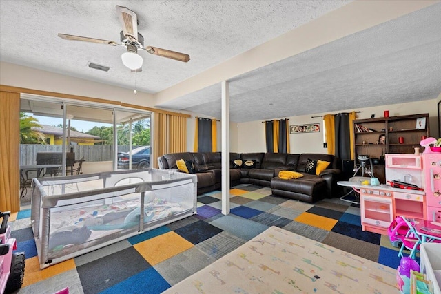 6015 Raintree Trl, Fort Pierce, FL 34982 - carpeted living room with a textured ceiling and ceiling fan