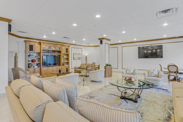 4101 N Ocean Blvd Unit 908, Boca Raton, FL 33431 - living area with ornamental molding, recessed lighting, and built in shelves