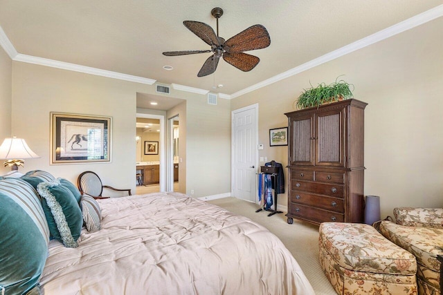 112 Palm Bay Dr Unit A, Palm Beach Gardens, FL 33418 - bedroom with light carpet, ornamental molding, connected bathroom, and ceiling fan