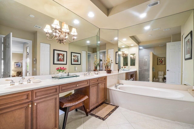 112 Palm Bay Dr Unit A, Palm Beach Gardens, FL 33418 - bathroom featuring a bath, tile patterned flooring, double vanity, a chandelier, and recessed lighting