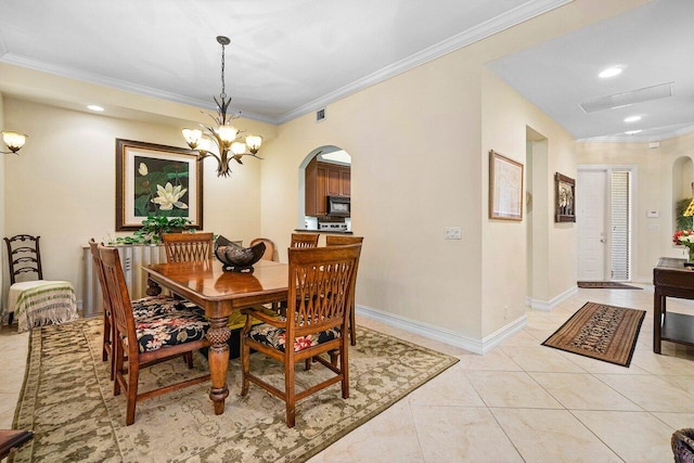 112 Palm Bay Dr Unit A, Palm Beach Gardens, FL 33418 - dining room featuring arched walkways, crown molding, a chandelier, recessed lighting, and light tile patterned flooring